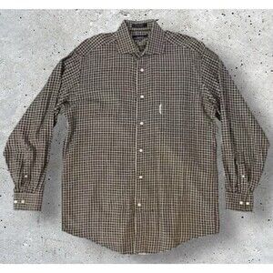 Mens Faconnable Woven Button Up Shirt Brown White Mini Square Print Large